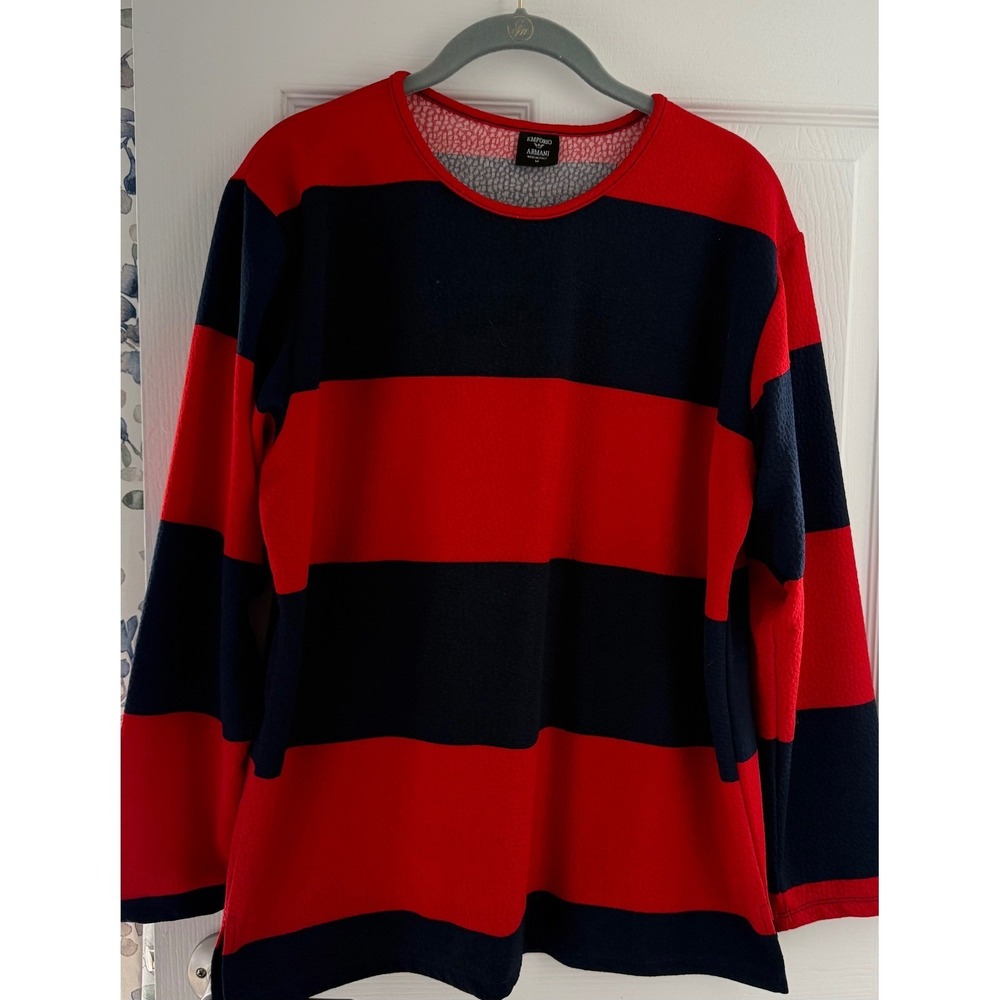 Emporio Armani Mens Red Navy Stripe Long Sleeve Crew Shirt Made in Italy Size M - Picture 3 of 7